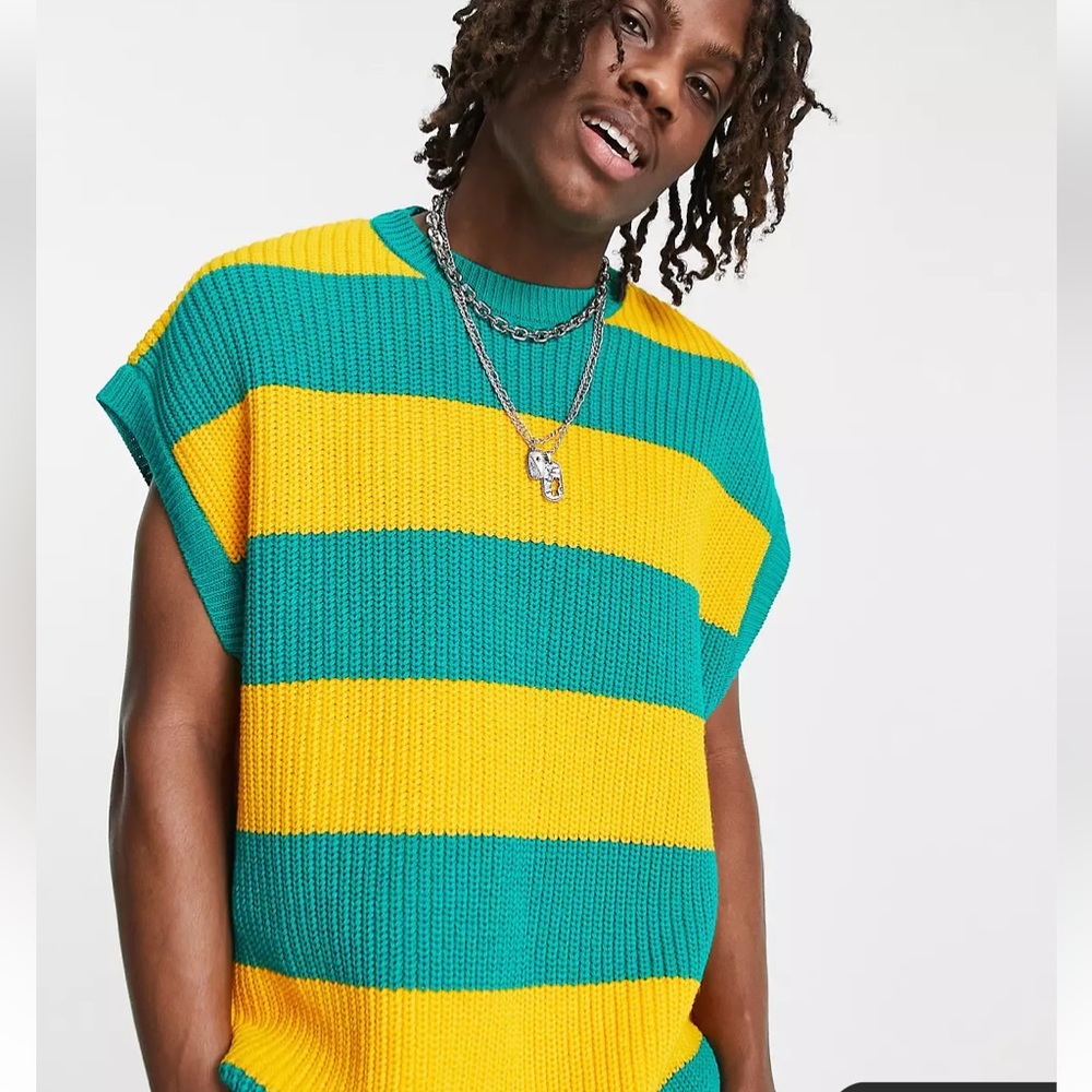 ASOS DESIGN knit fisherman rib tank in green stripes L